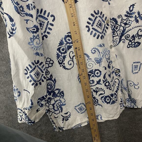 Chicos Linen Top Shirt Womens Sz 2‎ US 12 White Blue Paisley Floral Roll Tab - Picture 6 of 7